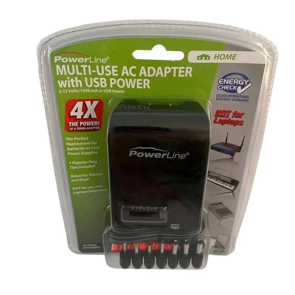 PowerLine Multi-Use AC Adapter with USB Power 3-12V 1300mA 7 Tips Universal